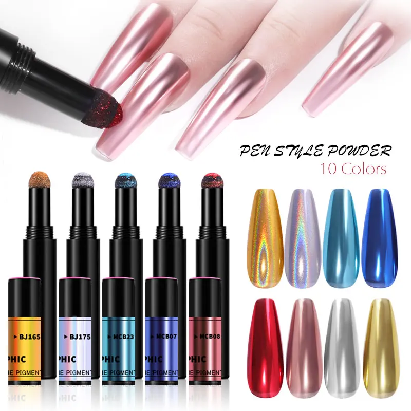 Magic Mirror Nail Powder Cushion Pen 1pcs Holographic Laser Nail Art Glitter Solid Chrome Pigments UV Gel Manicure Accessories