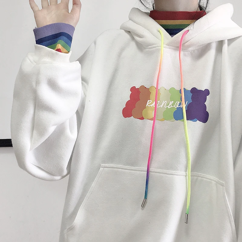 Hirsionsan Толстовка с принтом радуги и букв для женщин Kawaii Harajuku Пуловеры утолщенная теплая уличная одежда толстовки Одежда больших размеров