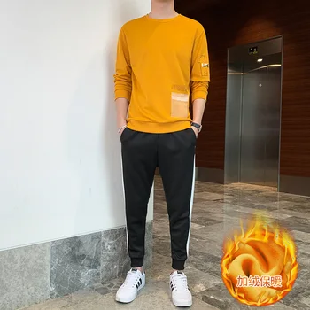 

Winter Men's Velvet Sweat Suit Trends O-Neck Sweatshirts Suit Black White Gray Yellow M-4XL Male Two-Piece Sets