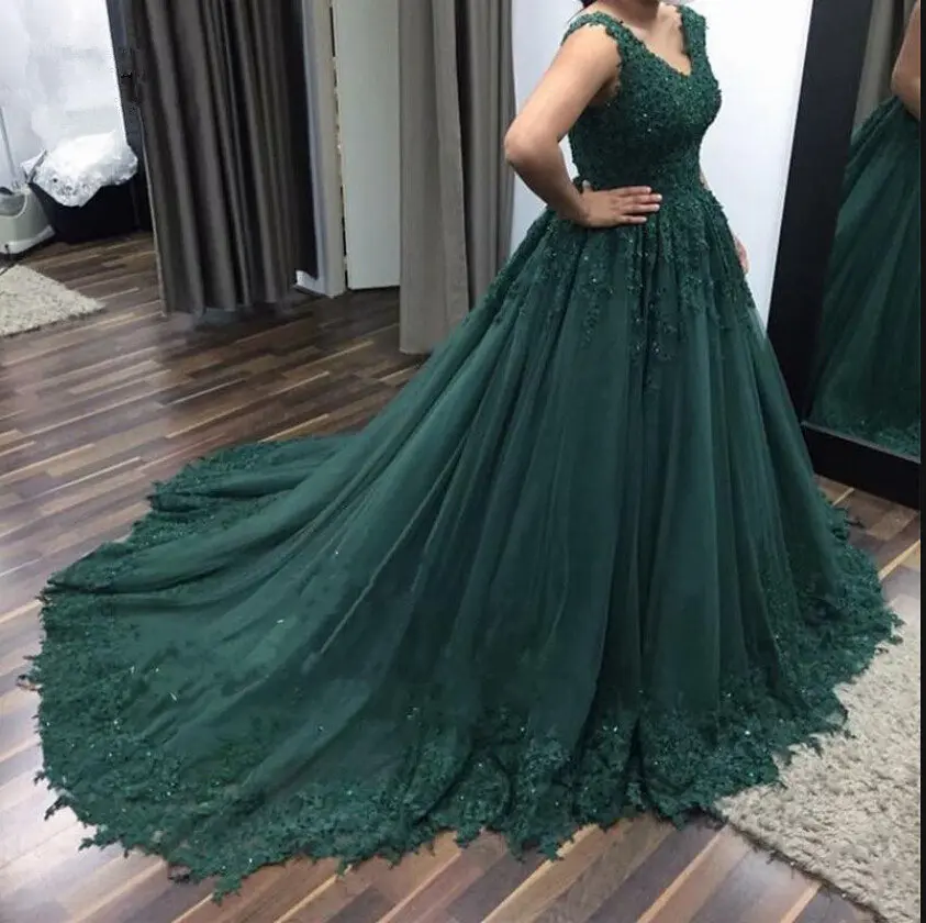 Зеленый Robe de soiree темно-зеленое длинное бальное платье, платья для выпускного вечера, кружевное платье с аппликацией и v-образным вырезом, официальное вечернее платье размера плюс - Цвет: Зеленый