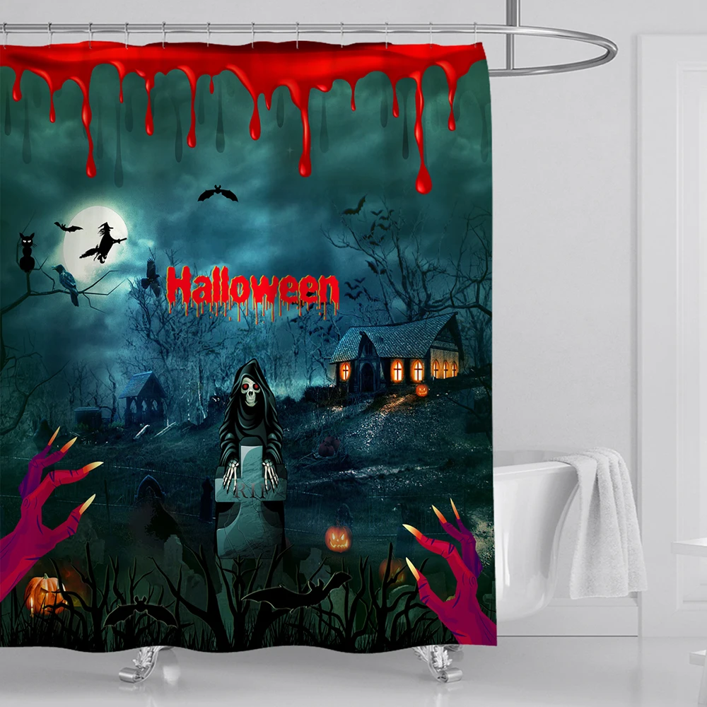 Halloween Waterproof Bath Curtains Polyester Bathroom Curtain Home Decor Scary Grave Pumpkin Ghost Shower Curtain