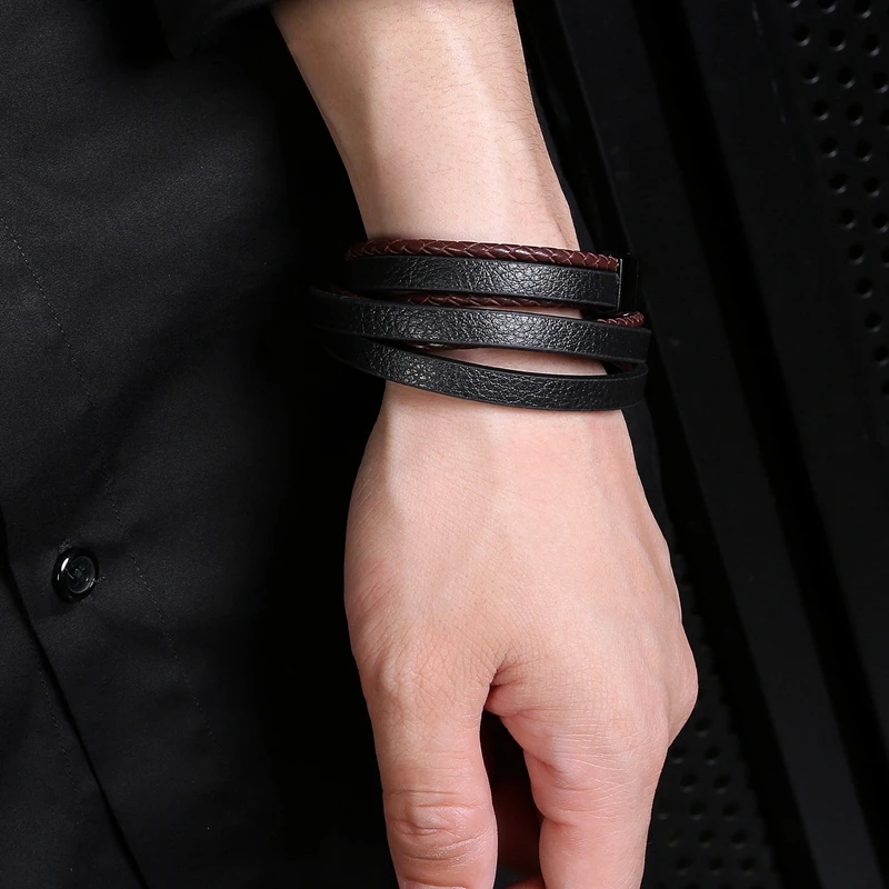 Fashion Brand Jewelry Men Black Leather Rope Chain Stainless Steel Bracelet Man Vintage Hand Strap Women Bracelets 043