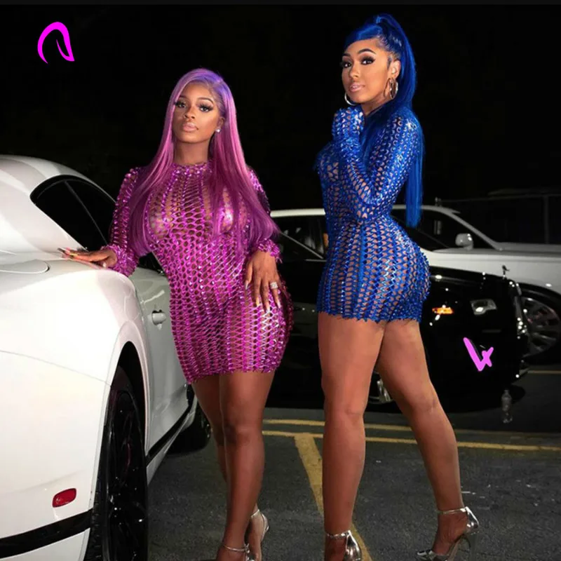 

Exotic Mini Dress 2021 New Summer Women Sexy Fishnet Hollow Out Party Club Dress Lady Long Sleeve Skinny Vestidos Grid Hole Ropa