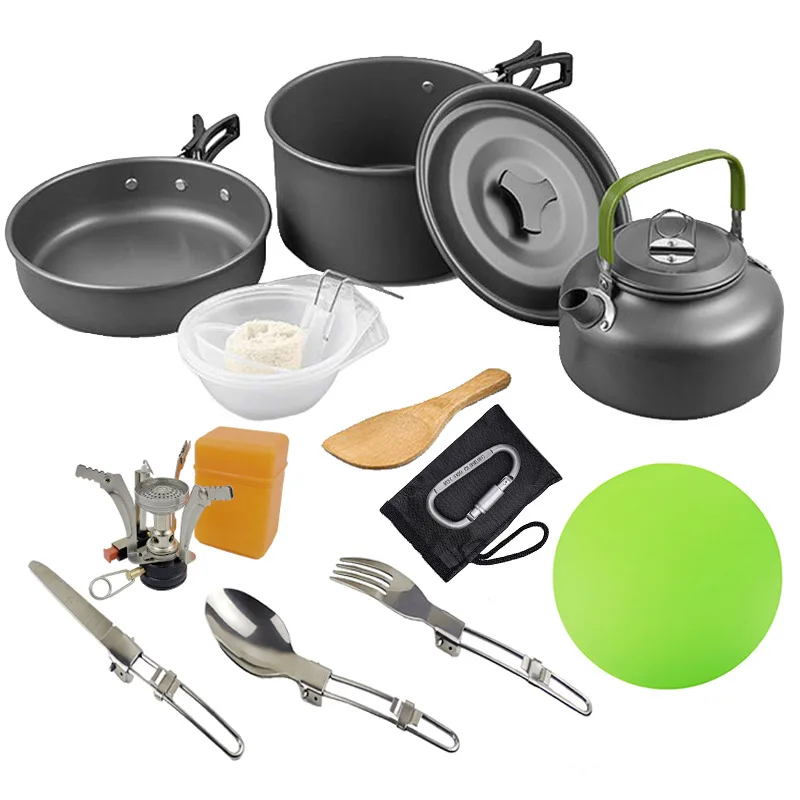 

Camping Cookware Mess Kit Outdoor Camp Stoves Cooking Pot Frying Pan Spoon Knife Fork Cookset Lightweight Hiking Travel Fishing