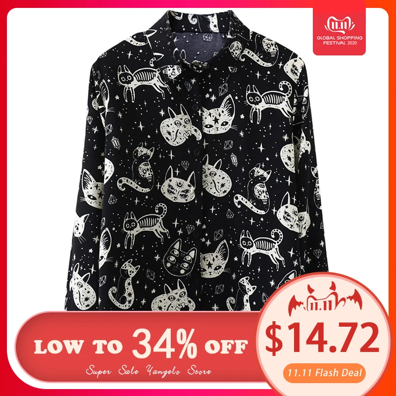 

Cute Cat Print Shirts Women Harajuku Gothic Kitten Long Sleeve Loose Blouse Fashion Autumn Street Casual Femme Shirt Black White