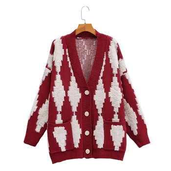 

Autumn Women's Sweaters V-neck Button Down Cardigans Long Sleeve Thick Sweaters Jacquard Loose Casual Knitted Cardigan Sweater