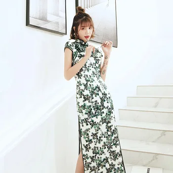 

Green Print Women Elegant Mandarin Collar Evening Party Dress Long High Split Sexy Cheongsam Vestidso Oversize Satin Qipao