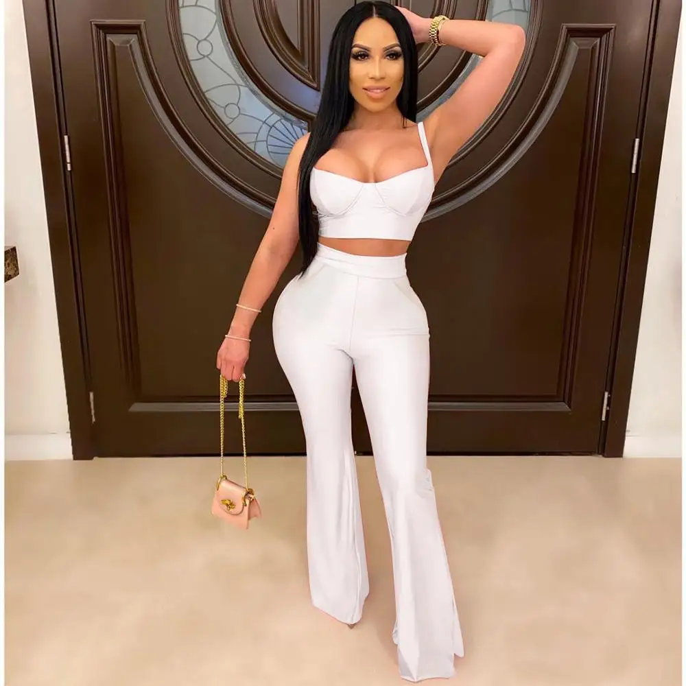 

2020 New Sexy Women's Two Pieces Suits Set Crop Top High Rise Wide Leg Pants Suit Set 2 Piece Club Outfits Matching Sets