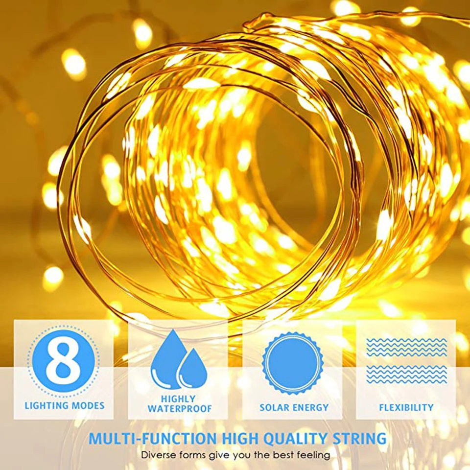 LED Outdoor Solar String Lights 200LED Copper Wire Fairy String Holiday Christmas Party Garland Garden Wedding Decoration H