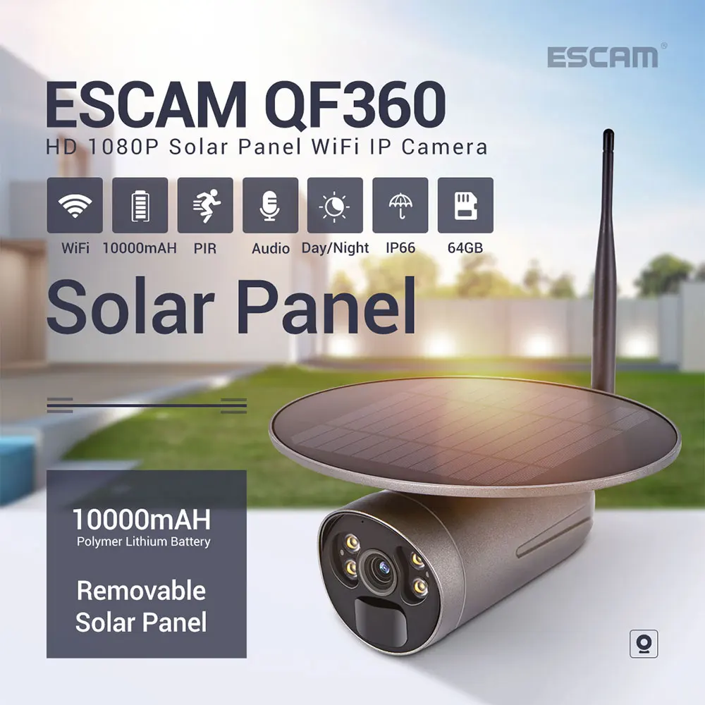 

ESCAM QF360 1080P Cloud Storage WIFI Battery PIR Alarm IP Camera With Solar Panel Full Color Night Vision Two Way Audio IP66