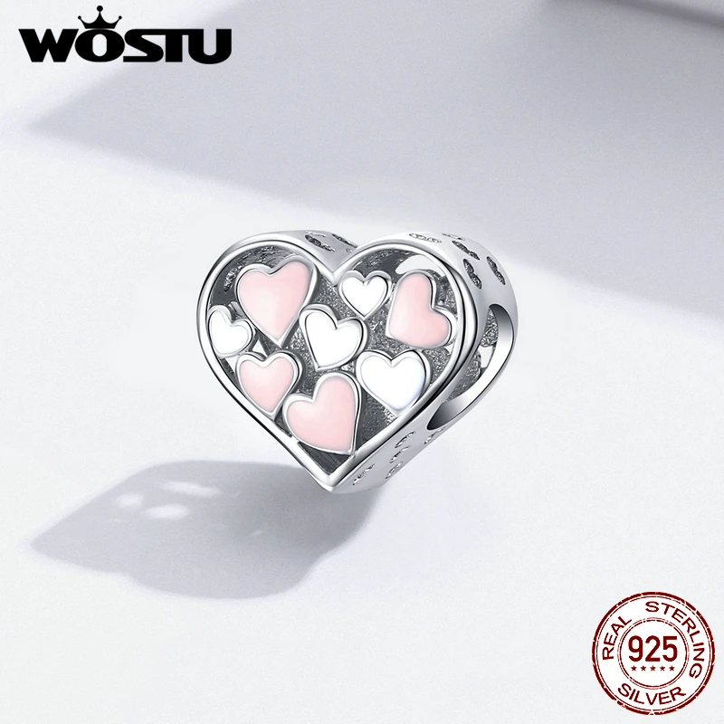 

WOSTU 925 Sterling Silver Full Of Love Heart Beads Pink & White Charm Fit Original Bracelet Necklace Lover Jewelry Gift FIC1423