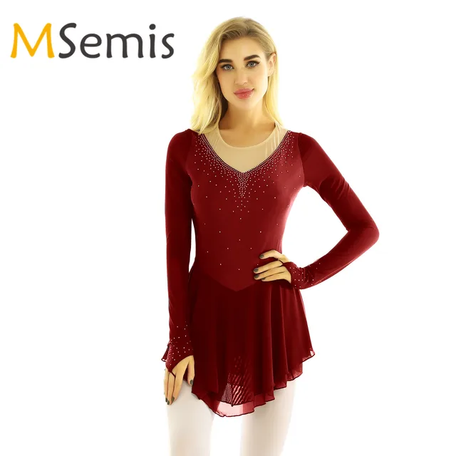 US $14.23 Women's Figure Ice Skating Roller Skating Round Neck Ballet Dance Leotard Dress with Fingertip Shin