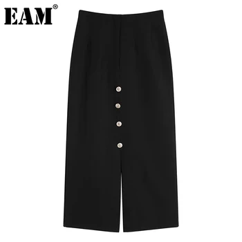 

[EAM] High Waist Black Button Vent Stitch Temperament Long Half-body Skirt Women Fashion Tide New Spring Autumn 2020 1DA337