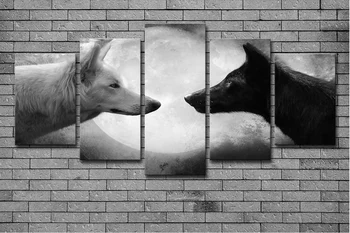 

Hot Selling Home Decor Print oil painting Wall Art Decorations Wall Canvas, 5 Pieces Animal Black White Wolves Moon Night