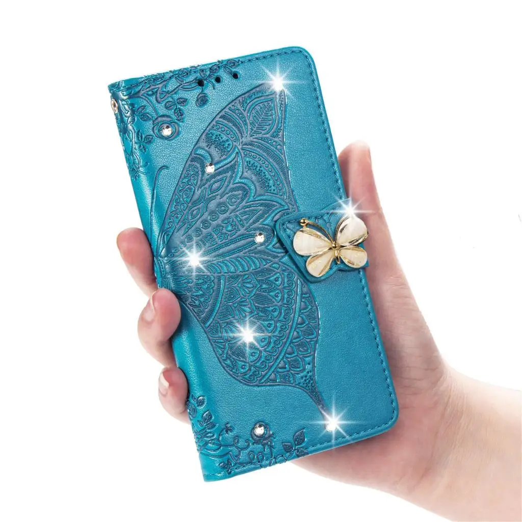 Стразы кожаный чехол для спортивной камеры Xiao mi Red mi Note 7 7A 6 6A 5 K20 Pro Plus Go бабочка чехол-книжка чехол для Red mi Note 7 Pro крышка - Цвет: Синий