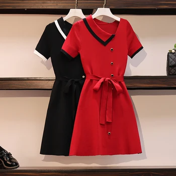 

COIGARSAM 4XL Plus Size French Style Knitting Women dress Summer High Waist Dresses Red Black 8869