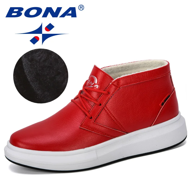 Red BONA/Новинка года; дизайнерская популярная Стильная мужская обувь из вулканизированной кожи; мужские высокие модные кроссовки на шнуровке; Высокий стиль; однотонные плюшевые кроссовки - Цвет: Red