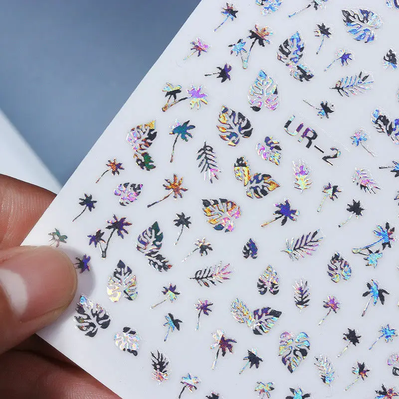 Fall Autumn Holographic Gold 3D Nail Sticker Coconut Tree Leaf Holo Laser Adhesive Decal Sticker Manicure Nail Art Decoration