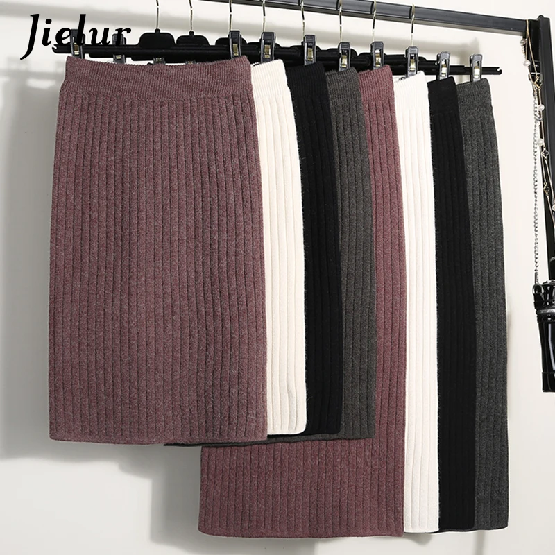Jielur сплошной цвет 60-80 см женские юбки эластичная талия Осень-зима шикарная вязаная юбка теплая с разрезом средней длины юбки черные новинка