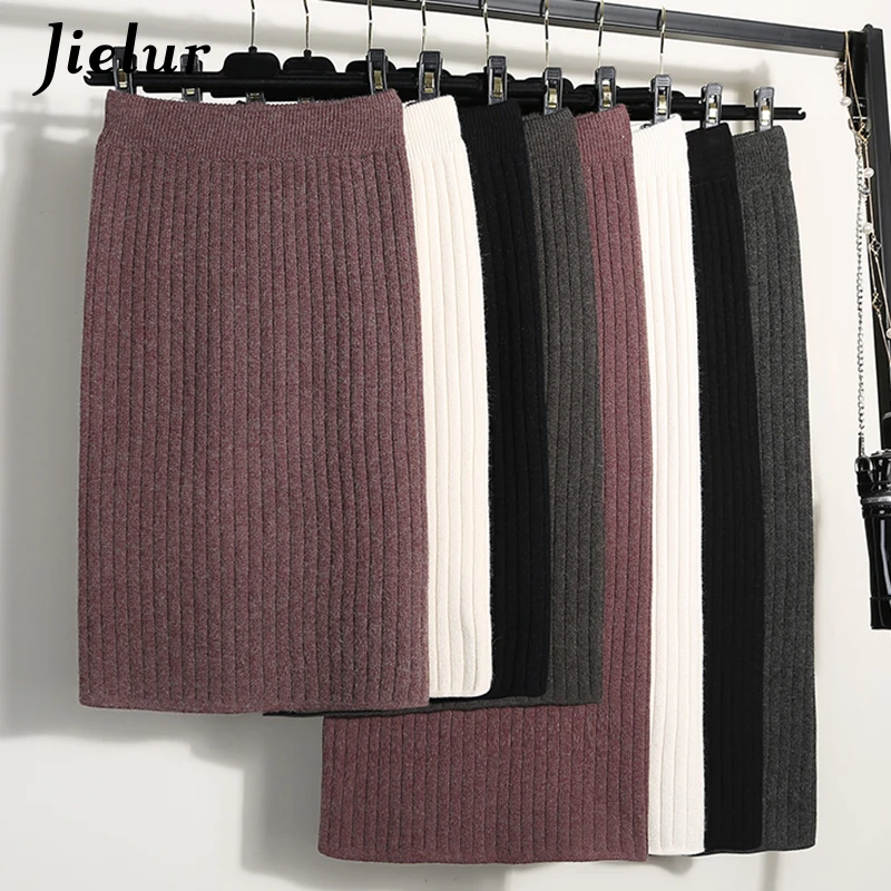 

Jielur Solid Color 60-80CM Women Skirts Elastic Waist Autumn Winter Chic Knitted Skirt Warm Split Mid-Long Skirts Black 2019 New