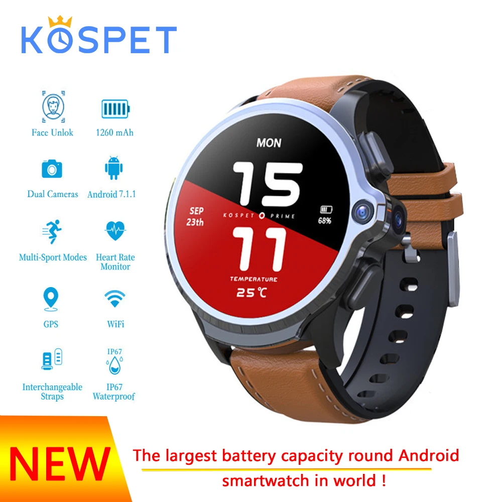 Смарт-часы KOSPET Prime, Android Phone, 1,6 дюймов, мАч, батарея, двойная камера, для лица, ID, unclok, wifi, Bluetooth, Смарт-часы, мужские gps карты