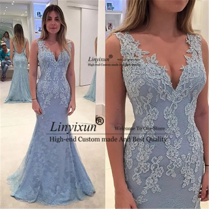 

Charming Blue Evening Dresses 2019 Mermaid V Neck Court Train Appliques Dubai Saudi Arabic Long Evening Gown sexy Prom Dress