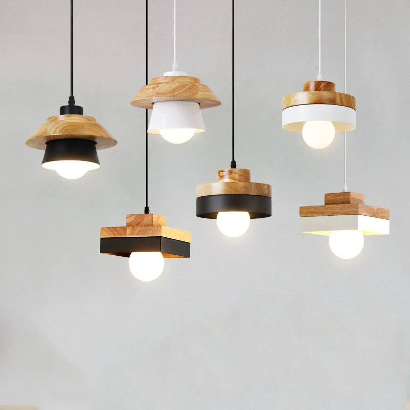 

Nordic Decor Wood Pendant Lights Suspension Luminaire Bar Cafe E27 Hang Lamp Modern Metal Light Black White LED Fixtures