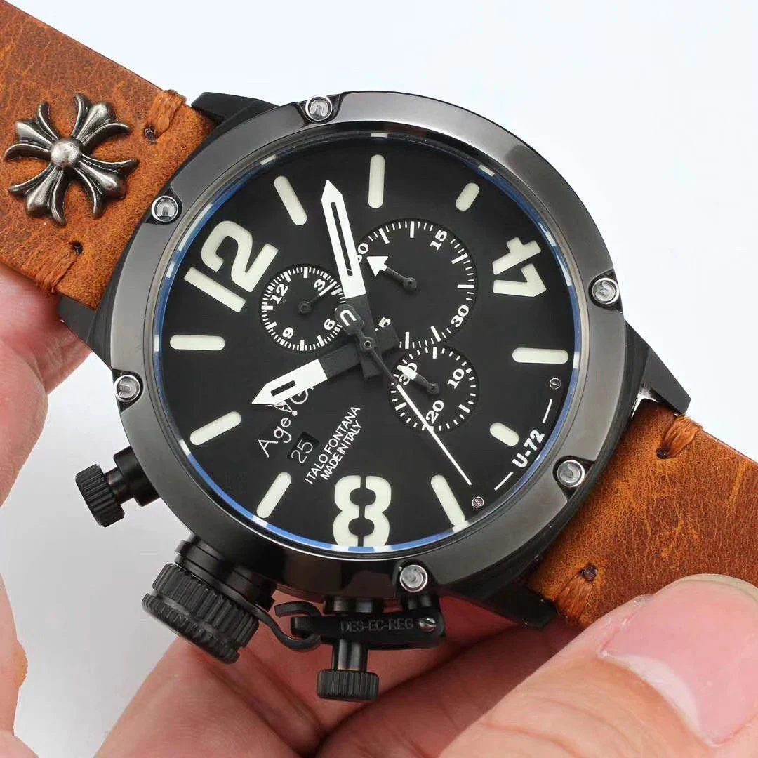 

Brand New Quartz Chronograph Stopwatch Men U CHRONOMETER U1001 U72 Chimera Aged Brown Cow Black Leather Boat Watch Sapphire AAA+