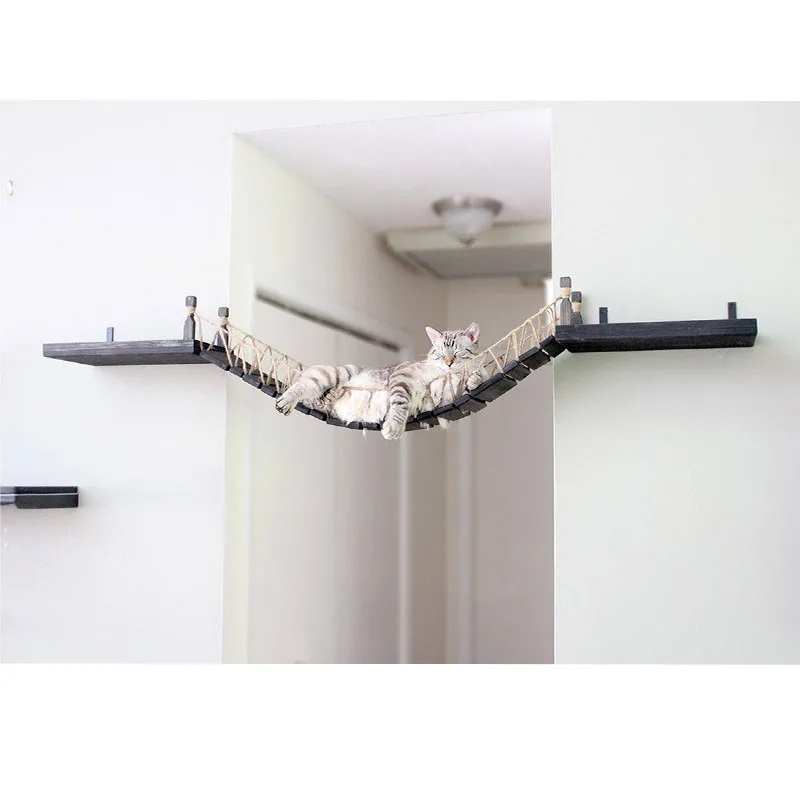 

Roped Cat Bridge Wall-mounted Cat Hammock Cat Tree Tower House Wall Scratching Post Kitten Toy Bed Wood Climber Pet Furniture