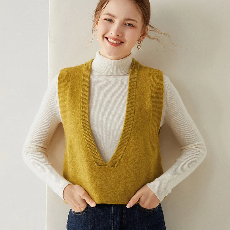 

Женский кашемировый вязаный жилет без рукавов, сексуальные пуловеры с глубоким V-образным вырезом, мягкая теплая одежда из 100% натуральной козы, Лидер продаж