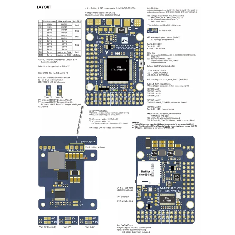 Системы F765-WING STM32F765VI Контроллер полета Встроенный OSD для RC самолета фиксированного крыла
