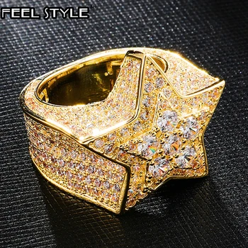 

Hip Hop Full CZ Cubic Zircon Charm Iced Out Bling Tready Star Copper Zircon Ring For Men Jewelry