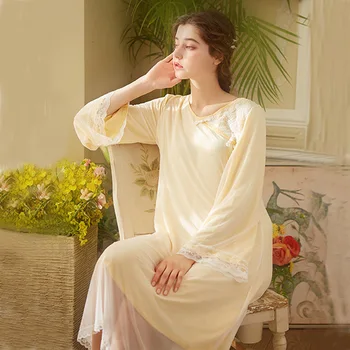 

2020 Summer Lace Embroidery Long Sleeve Women Nightdress Casual Elegant Sleepwear Vintage Lovely Sweet Princess Style Nightgown