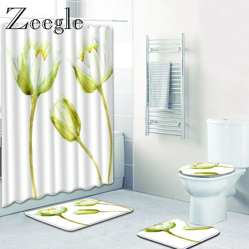 Zeegle Colorful Flower Shower Curtain Set Washable Bath Mat Pedestal Rug Lid Toilet Cover Mat Anti-slip Toilet Soft Floor Rug