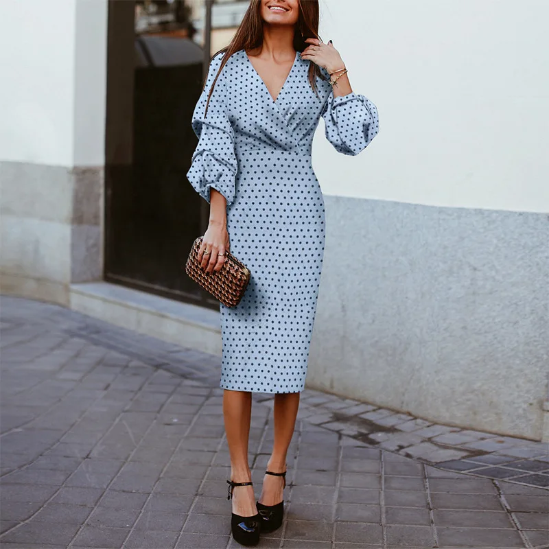 Polka Dot Bohemian Midi Dresses for Women Lantern Sleeve Spring Summer Beach Dresses Three Quarter Sleeve V Neck Party Vestidos