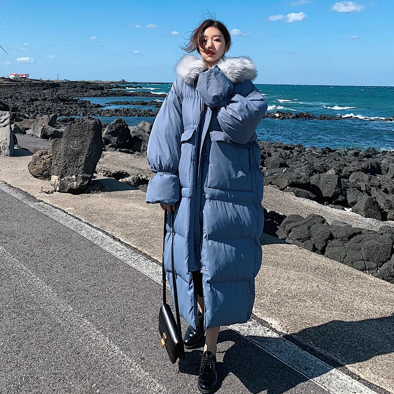 

Ankle Length Large Fur Collar Hooded Parkas Chic Women Winter Loose X-long Oversized Thickened Long Cotton-padded Overcoat