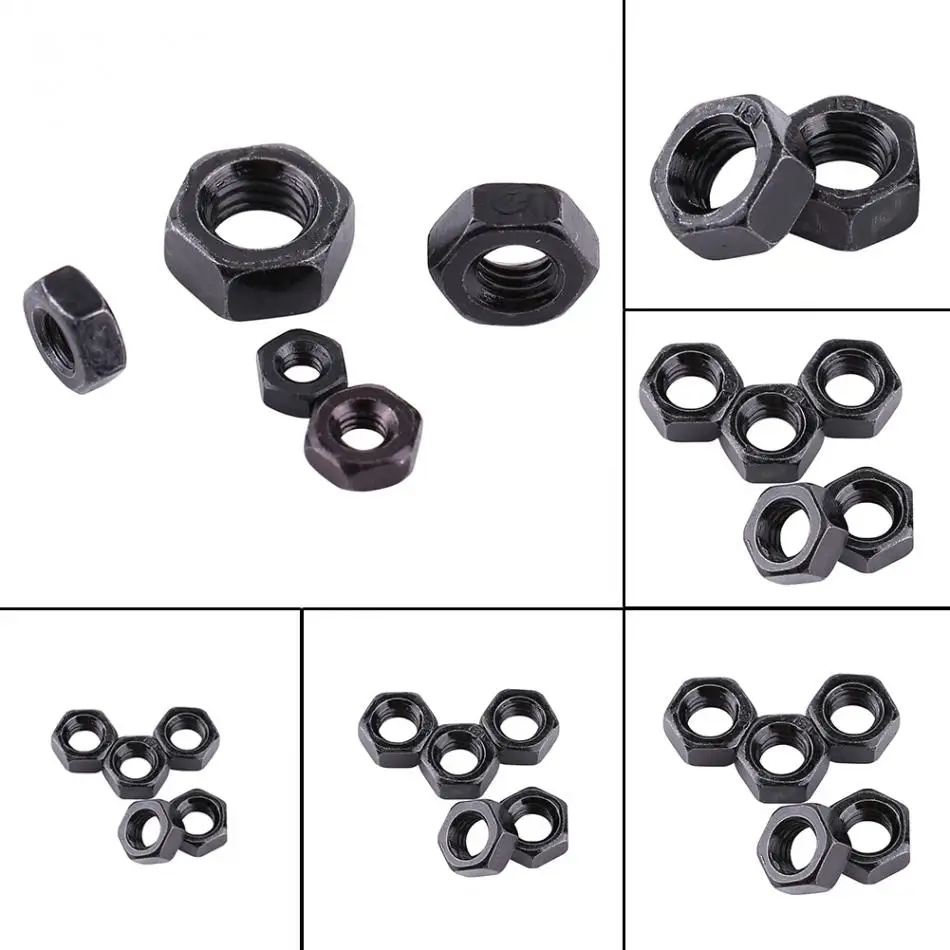 100pcs Din934 M2-M5 Nut Black Zinc Plated Carbon Steel Metric Thread Hex Hexagonal Nuts Tools Kit