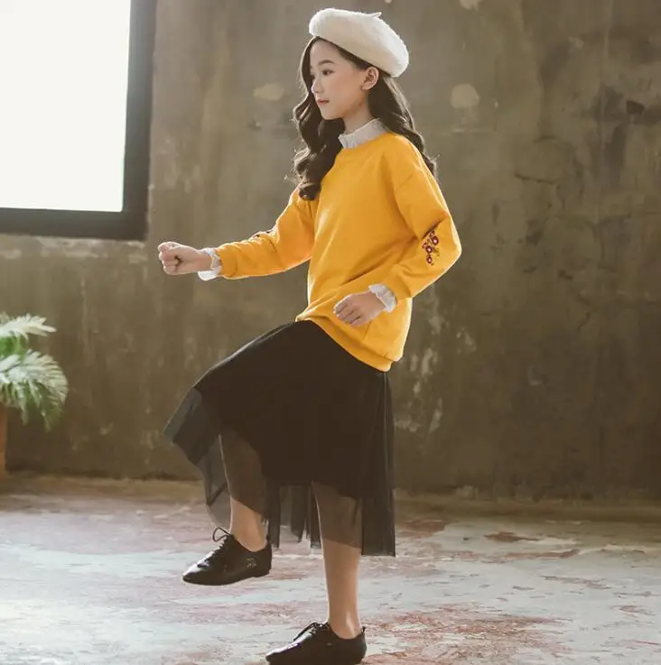 9.28th Autumn Kids Sets Good Quality Children Leisure Top+ Gauze skirt Korean Girl Sets 110-160cm Retail