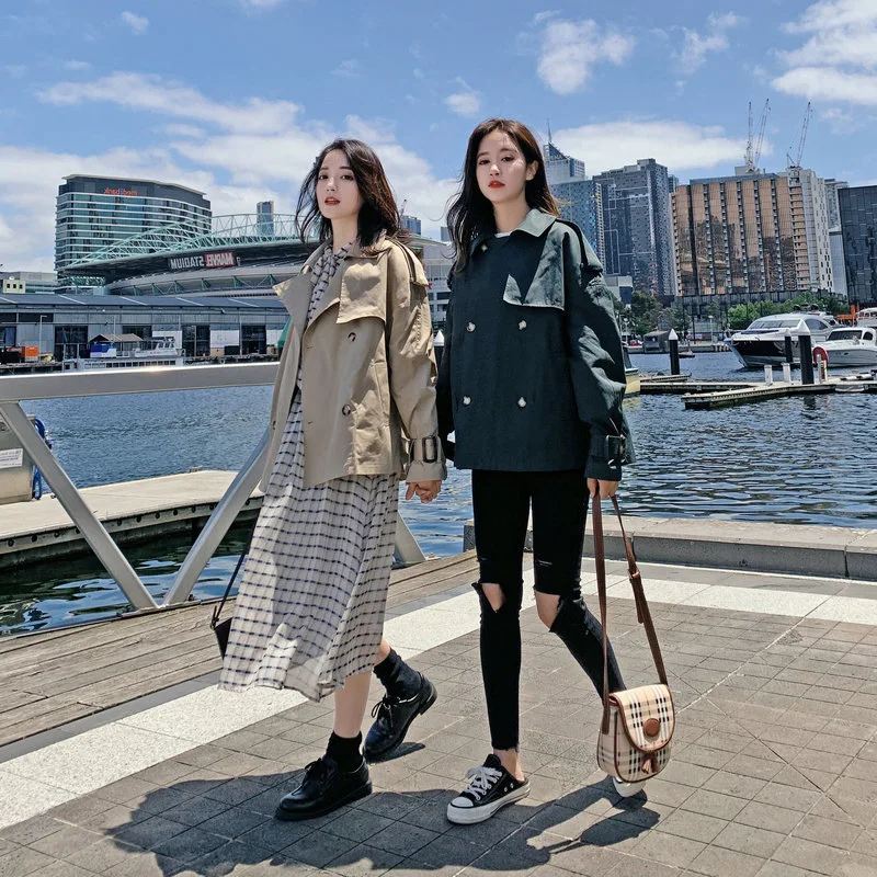 

Korean-style 2019 Spring New Style Short-height Short Trench Coat Women's British-Style Casual Wide Popular waitmore Coat Women'