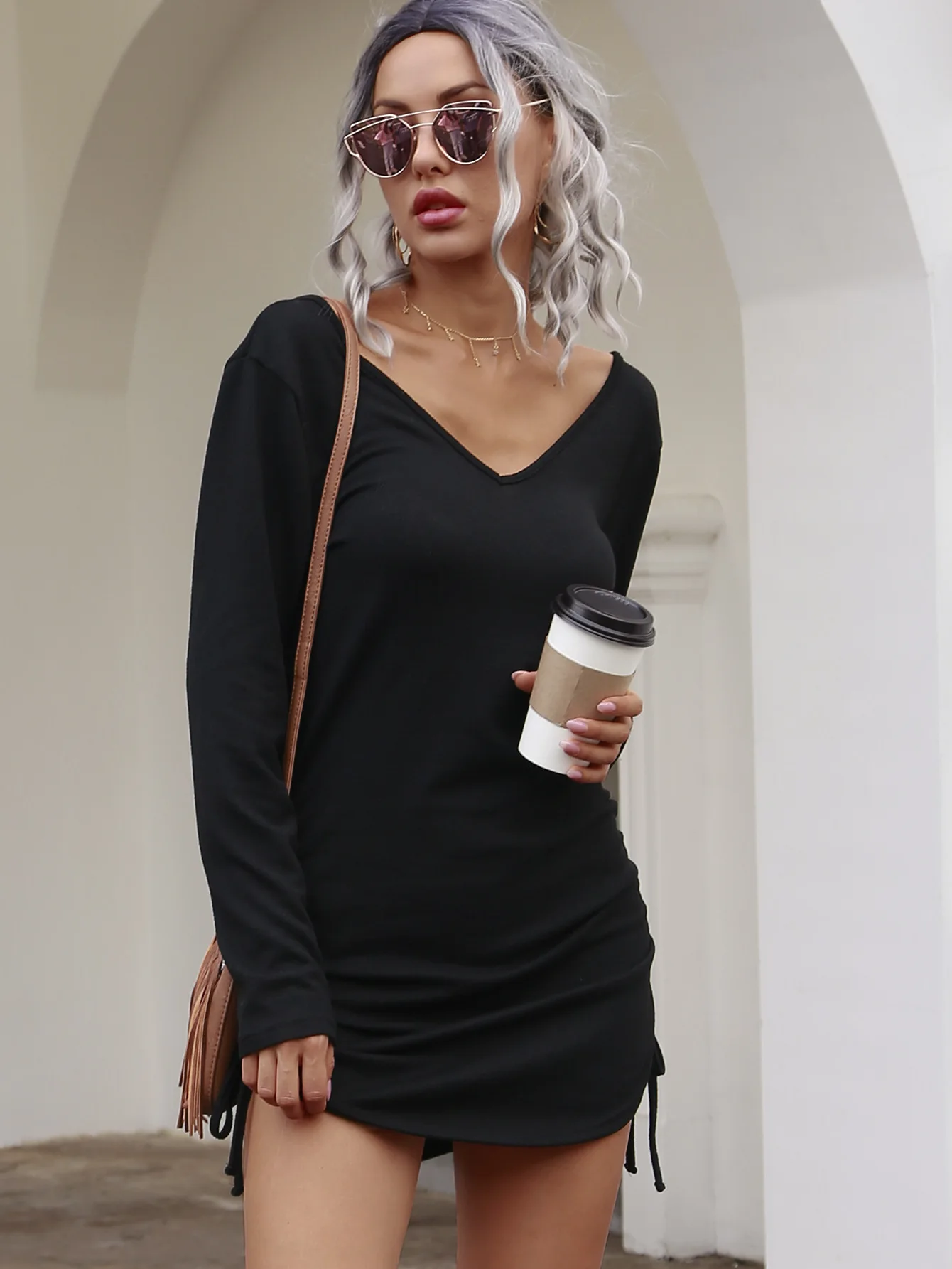 

Spring Autumn Trendy Women Fashion Casual V Neck Knitwear Long Sleeve Loose Ruched Drawstring Club Mini Dresses Black