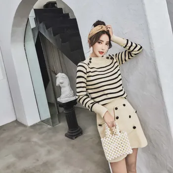 

2019 Autumn Winter Striped Sweater Skirt Set Outfit Casual Two Piece Set Women Long Sleeve Button Knitted Pullover Sweater Suit