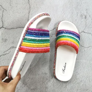 

Colorful Crystal Female Slippers for Outside Wear Fashion Woman Summer Shoes Thick Bottom Large Size 41 Rainbow Female Slides