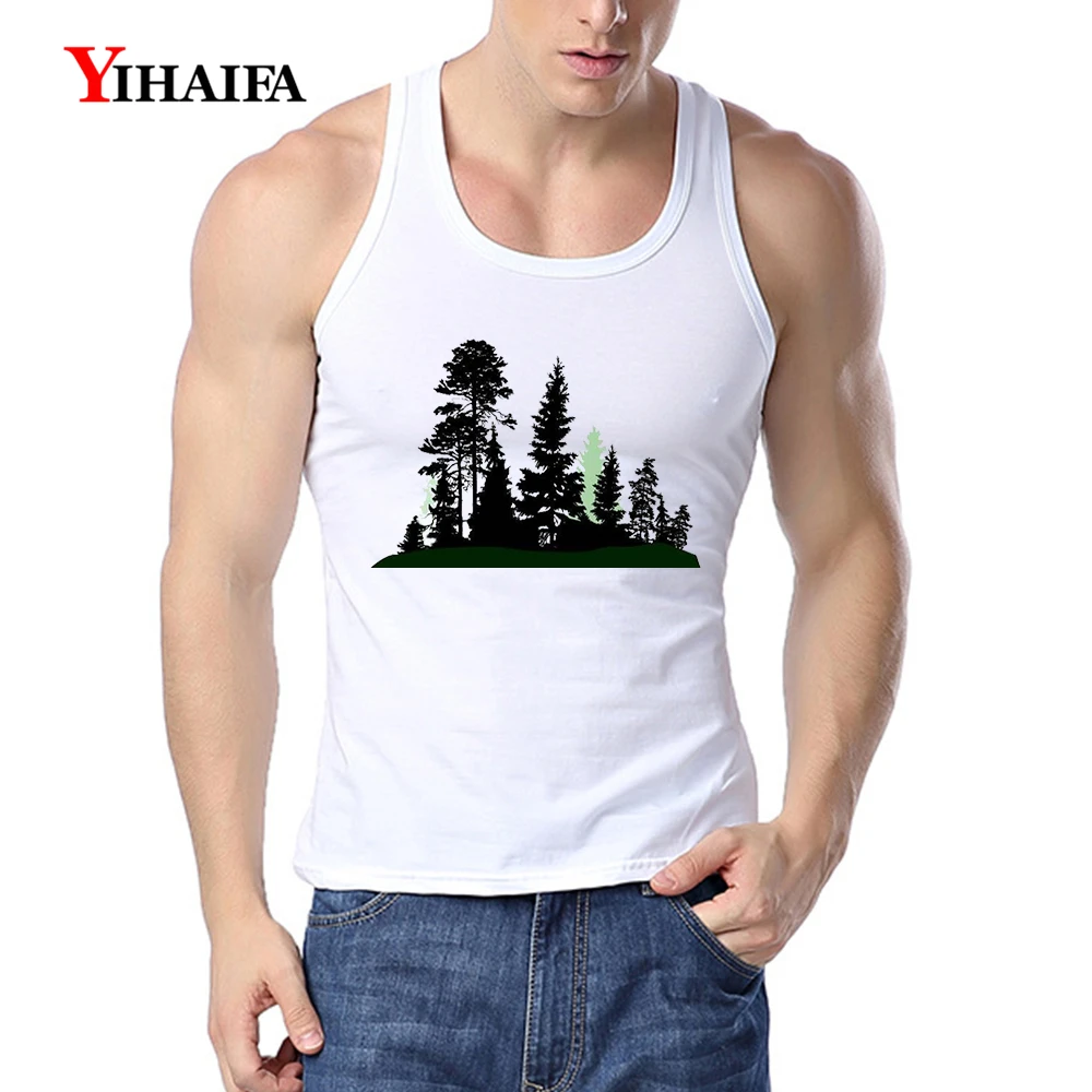 

YIHAIFA Mens Fitness Clothing Gym Tank Top Black Forest Printed Bodybuilding Singlet Fitness Men Sleeveless Vest