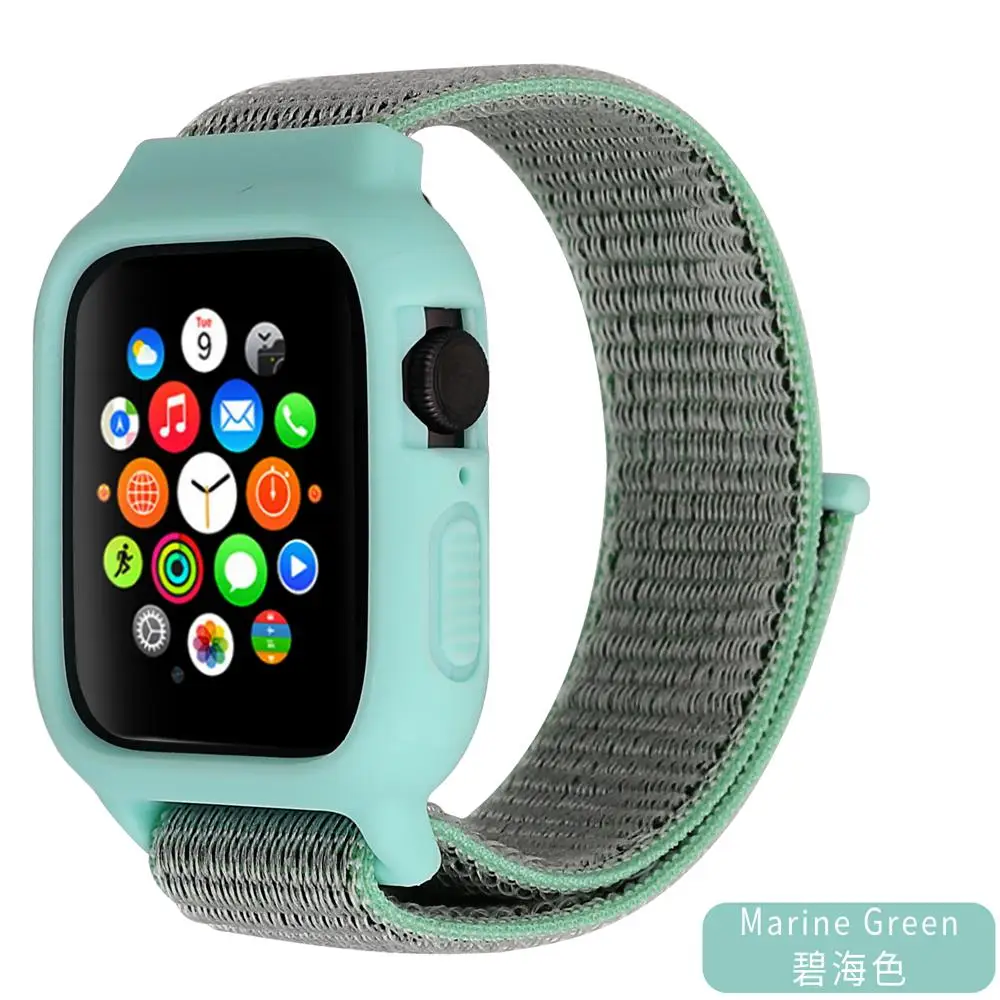 Marine green Чехол+ ремешок для часов apple watch band iwatch 5 4 3 pulseira correa apple watch 42 мм 44 мм 38 мм 40 мм нейлоновый браслет+ силиконовый чехол - Цвет ремешка: Marine green