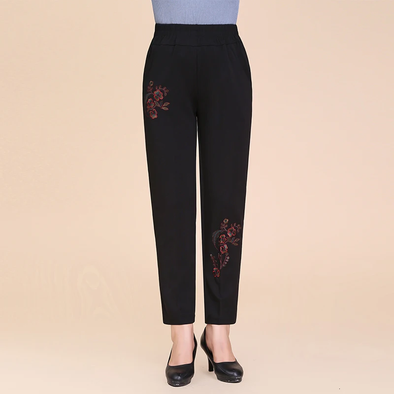 Black embroidered Осенне-зимние Бархатные прямые брюки женские повседневные брюки с высокой талией теплые плотные брюки с вышивкой Pantalones Mujer, большие размеры - Цвет: Black embroidered
