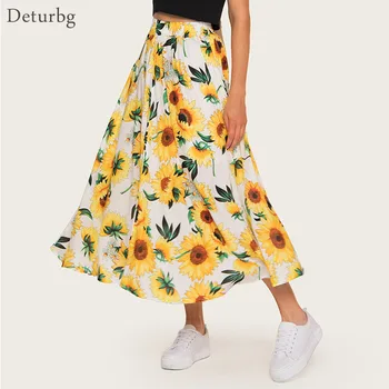 

Deturbg Women Bohemia High Waist Skirt Ladies Casual Elastic Waist Sunflower Print Pleated Yellow Skirts Saias 2019 Autumn SK223