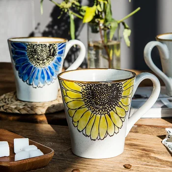 

Nordic Creative Sunflower Mug Simple Ceramic Coffee Cup with Spoon Handle 440ml Large Capacity Household Milk Mugs Drinking Cups