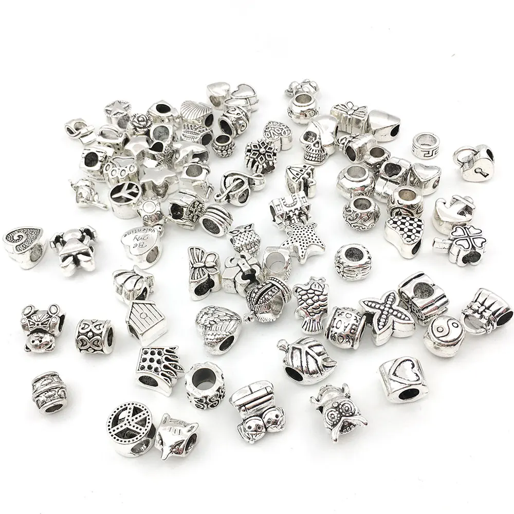 55pcs Assorted Alloy European Large Hole Beads Metal Spacer Charms Bead  Assortments for DIY Crafts Bracelets Necklaces Jewelry Making (M190)