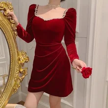 

Donsignet Autumn New 2021 Slim Square Collar Vintage Velvet Dress Women Party Solid Fashion Knee-Length Dress