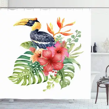 

Shower Curtain for Bathroom 72x78 Path Watercolor Layer Tropical Great for Hornbill Bird Hibiscus Bouquet Palms Animals Wildlife